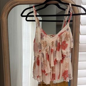 Free People Pink Floral Ruffle Tank Top